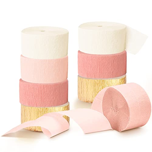 AOBKIAT Wedding Party Decorations, 8 Rolls Pink Gold Crepe Paper Streamers for Wedding, Bachelorette, Birthday, Baby Bridal Shower, Valentines Day Party Backdrop Decorations, 82ft Long