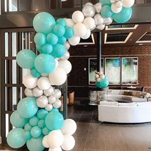 tiffany blue white balloons arch garland kit 134 green silver balloons with balloon strip tape balloon dot for blue backdrop birthday decoration , baby shower, wedding, graduation
