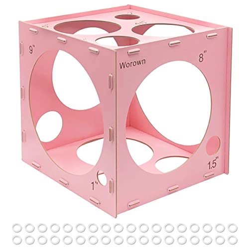 Worown 14 Holes Pink Collapsible MDF Balloon Sizer Box, 1-10 Inch Balloon Sizer Cube, Balloon Size Measurement Tools for Balloon Arches, Balloon Decorations