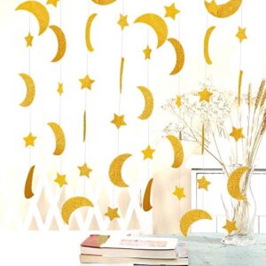 50ft glitter moon & stars garlands, 6 pack gold double-side crescent and twinkle stars paper hanging decorations for birthday party baby shower engagement wedding for nursery kids room home bedroom