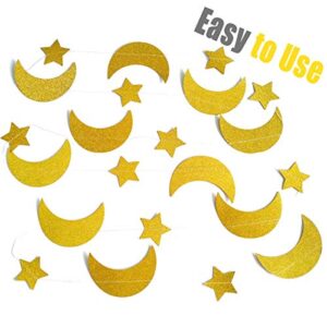 50ft Glitter Moon & Stars Garlands, 6 Pack Gold Double-Side Crescent and Twinkle Stars Paper Hanging Decorations for Birthday Party Baby Shower Engagement Wedding for Nursery Kids Room Home Bedroom