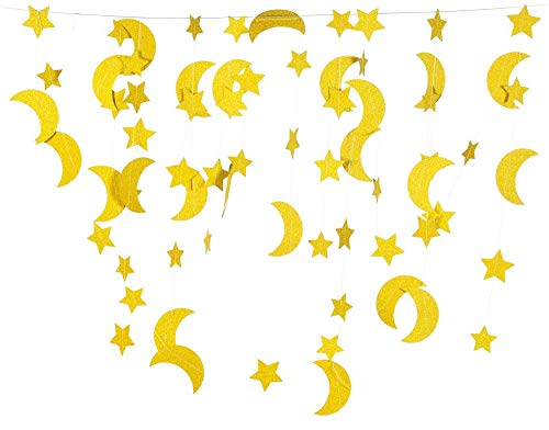 50ft Glitter Moon & Stars Garlands, 6 Pack Gold Double-Side Crescent and Twinkle Stars Paper Hanging Decorations for Birthday Party Baby Shower Engagement Wedding for Nursery Kids Room Home Bedroom