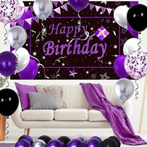 Black Purple Birthday Decorations, Happy Birthday Backdrop for Women Girls Men 13th 16th 18th 21st 30th 40th 50th 60th Birthday Party Decorations Purple, Black Silver and Purple Balloon Arch Kit