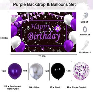 Black Purple Birthday Decorations, Happy Birthday Backdrop for Women Girls Men 13th 16th 18th 21st 30th 40th 50th 60th Birthday Party Decorations Purple, Black Silver and Purple Balloon Arch Kit