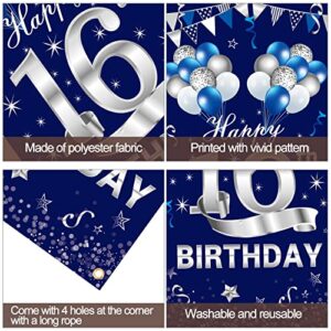 Blue Silver 16th Birthday Door Banner Decorations, Happy 16 Birthday Door Cover Sign Party Supplies for Boys, Sweet 16 Year Old Birthday Photo Booth Backdrop Decor