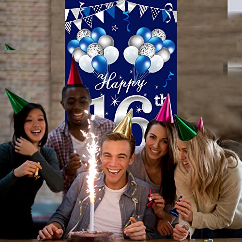 Blue Silver 16th Birthday Door Banner Decorations, Happy 16 Birthday Door Cover Sign Party Supplies for Boys, Sweet 16 Year Old Birthday Photo Booth Backdrop Decor