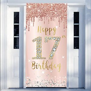 happy 17th birthday door banner decorations for girls, pink rose gold 17 birthday door cover backdrop party supplies, large seventeen year old birthday poster sign decor