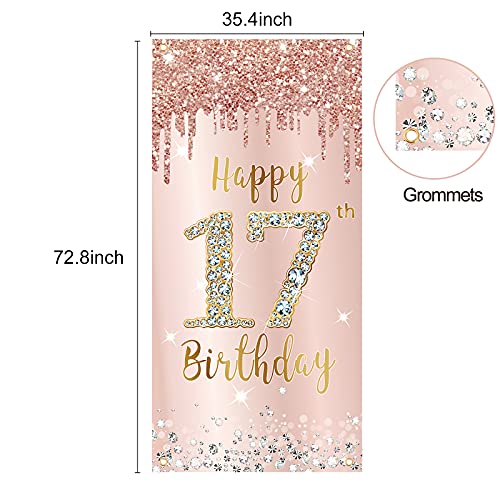 Happy 17th Birthday Door Banner Decorations for Girls, Pink Rose Gold 17 Birthday Door Cover Backdrop Party Supplies, Large Seventeen Year Old Birthday Poster Sign Decor