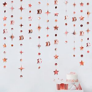 Rose Gold 10th Birthday Decorations Number 10 Circle Dot Twinkle Star Garland Metallic Hanging Streamer Bunting Banner Backdrop for Girls Boys Ten Year Old Birthday 10th Anniversary Party Supplies