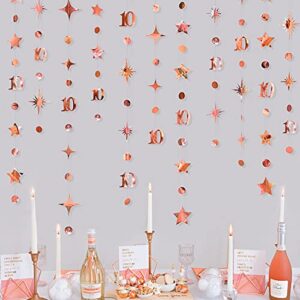 Rose Gold 10th Birthday Decorations Number 10 Circle Dot Twinkle Star Garland Metallic Hanging Streamer Bunting Banner Backdrop for Girls Boys Ten Year Old Birthday 10th Anniversary Party Supplies