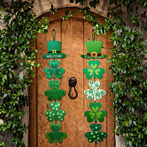 2 Sets St. Patrick's Day Decoration Sign Shamrock Clover Irish Green Front Door Hanging Garland Decor Welcome Sign for St. Patrick's Day Themed Party Favors