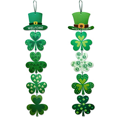 2 Sets St. Patrick's Day Decoration Sign Shamrock Clover Irish Green Front Door Hanging Garland Decor Welcome Sign for St. Patrick's Day Themed Party Favors