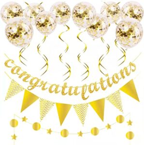 m2yl1dao gold congratulations decorations set – gold glittery congratulations banner,vintage style pennant，star and circle dots garland,gold hanging swirls， gold confetti balloons。graduation , retirement， wedding， birthday， party photo background fo