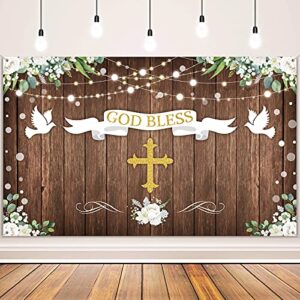 god bless baptism backdrop first holy communion party decorations christening ceremony newborn baby shower banner rustic wood white floral ribbon photography background decor supplies 71 x 43 inch
