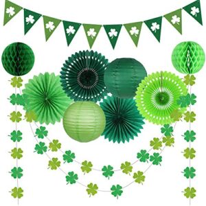 st patricks day decorations, green party supplies four-leaf clover garland tissue paper fan paper lantern for irish party saint patricks day decor