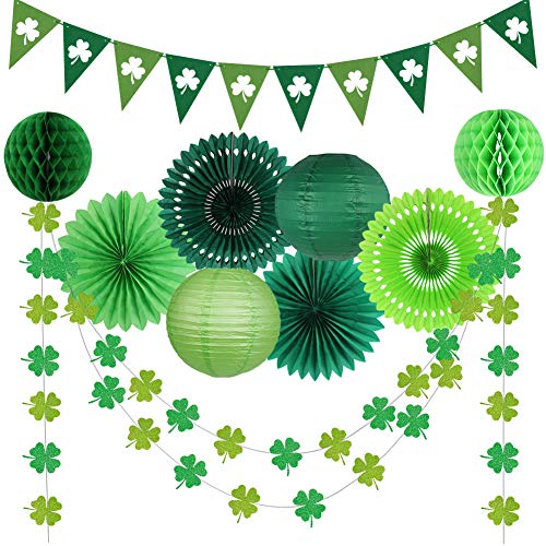 St Patricks Day Decorations, Green Party Supplies Four-Leaf Clover Garland Tissue Paper Fan Paper Lantern for Irish Party Saint Patricks Day Decor