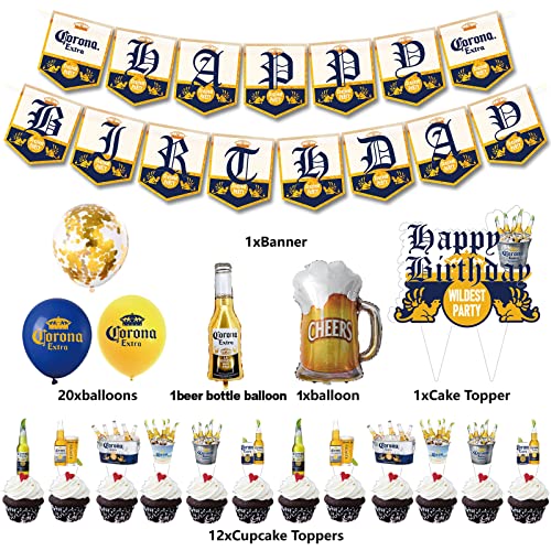 Drivoat 34 Pcs Corona Beer Themed Party, Birthday Party Balloon Decorations, Include Cupcake Decoration , Happy Banner, Aluminum Film latex suit (golden)