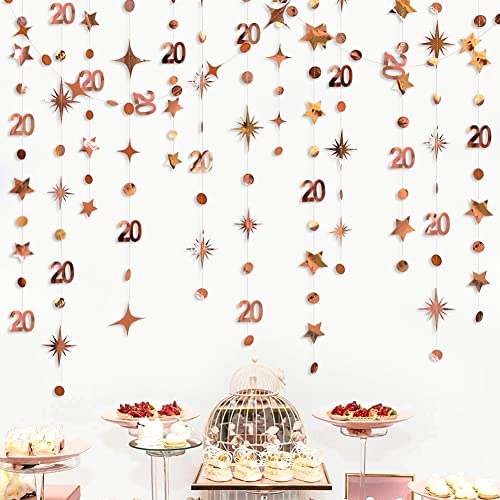 Rose Gold 20th Birthday Decorations Number 20 Circle Dot Star Garland Metallic Hanging Streamer Bunting Banner Backdrop for Women Mens Twenty Year Old Birthday Happy 20th Anniversary Party Supplies