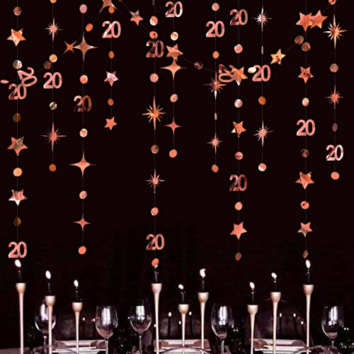 Rose Gold 20th Birthday Decorations Number 20 Circle Dot Star Garland Metallic Hanging Streamer Bunting Banner Backdrop for Women Mens Twenty Year Old Birthday Happy 20th Anniversary Party Supplies