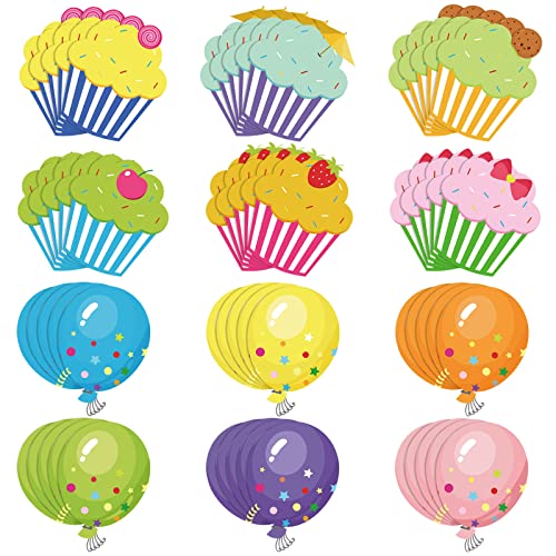 60 Pieces Colorful Cupcake Cutouts Birthday Classroom Bulletin Board Decorations Creative Cupcake Balloons Cutouts Name Tags for Classroom Door Decorations(Cupcake, Balloons)