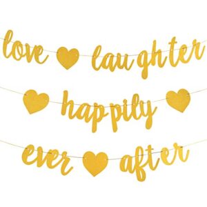 3pcs gold glitter love laughter and happily ever after banner – engagement party decorations – wedding shower decorations, bridal shower decor, wedding banner & bachelorette party signs (pre-strung)
