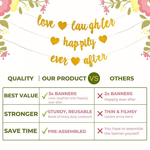 3Pcs Gold Glitter Love Laughter and Happily Ever After Banner - Engagement Party Decorations - Wedding Shower Decorations, Bridal Shower Decor, Wedding Banner & Bachelorette Party Signs (Pre-Strung)