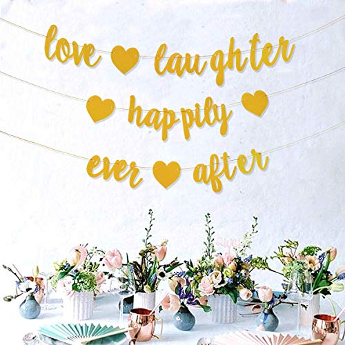 3Pcs Gold Glitter Love Laughter and Happily Ever After Banner - Engagement Party Decorations - Wedding Shower Decorations, Bridal Shower Decor, Wedding Banner & Bachelorette Party Signs (Pre-Strung)