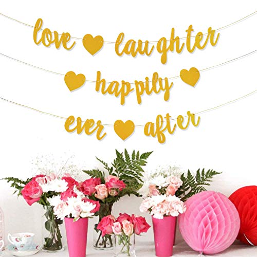 3Pcs Gold Glitter Love Laughter and Happily Ever After Banner - Engagement Party Decorations - Wedding Shower Decorations, Bridal Shower Decor, Wedding Banner & Bachelorette Party Signs (Pre-Strung)