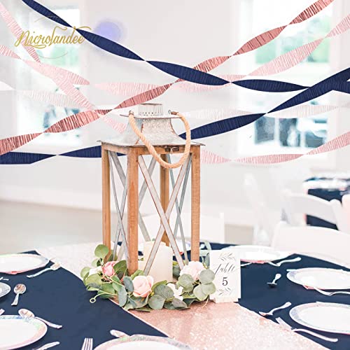 NICROLANDEE 8 Rolls Navy-Blue Pink Rose Gold Crepe Paper Streamers for Gender Reveal, Birthday, Wedding, Bridal Shower, Baby Shower, Bachelorette, Engagement Party Decorations, 4.5cm x 25m