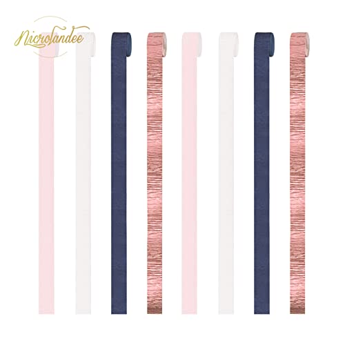 NICROLANDEE 8 Rolls Navy-Blue Pink Rose Gold Crepe Paper Streamers for Gender Reveal, Birthday, Wedding, Bridal Shower, Baby Shower, Bachelorette, Engagement Party Decorations, 4.5cm x 25m