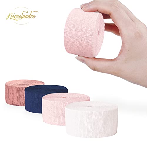 NICROLANDEE 8 Rolls Navy-Blue Pink Rose Gold Crepe Paper Streamers for Gender Reveal, Birthday, Wedding, Bridal Shower, Baby Shower, Bachelorette, Engagement Party Decorations, 4.5cm x 25m