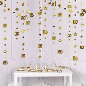 Gold 80th Birthday Decorations Number 80 Circle Dot Twinkle Star Garland Metallic Hanging Streamer Bunting Banner Backdrop 80 Year Old Birthday Eighty Party Supplies