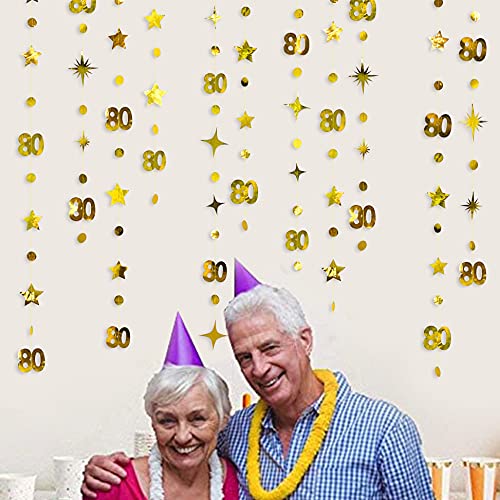 Gold 80th Birthday Decorations Number 80 Circle Dot Twinkle Star Garland Metallic Hanging Streamer Bunting Banner Backdrop 80 Year Old Birthday Eighty Party Supplies