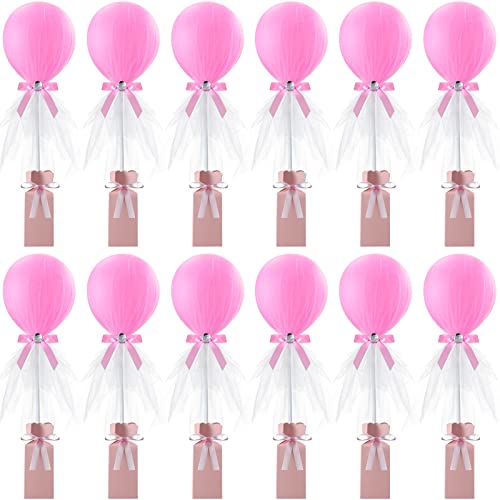 12 Packs Tulle Tutu Balloons with Candy Cake Dessert Box for Baby Shower Centerpieces Girls Birthday Party Wedding Table Decorations, 12 Inches Balloon White Tulle Cover (Pink)