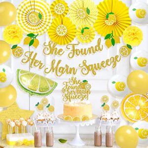 lemon bridal shower decorations, homond party she found her main squeeze banner cake cupcake toppers, fruits theme supplies kit, paper fans balloons for lemonade citrus party, yellow