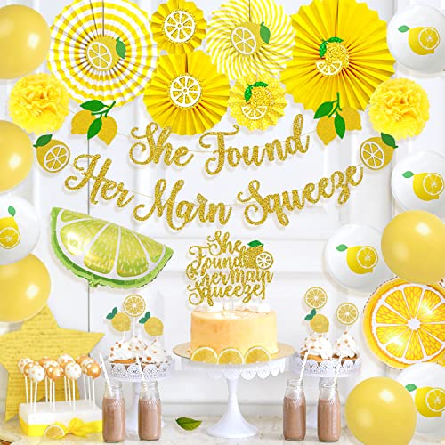 Lemon Bridal Shower Decorations, Homond Party She Found Her Main Squeeze Banner Cake Cupcake Toppers, Fruits Theme Supplies Kit, Paper Fans Balloons for Lemonade Citrus Party, Yellow