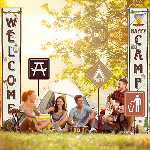 Camping Themed Party Decorations Set, Big Size Laminated Camping Sign Cutouts, Camping Party Banner Welcome Porch Sign for Camping Themed Birthday Baby Shower Decorations