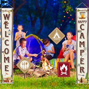 Camping Themed Party Decorations Set, Big Size Laminated Camping Sign Cutouts, Camping Party Banner Welcome Porch Sign for Camping Themed Birthday Baby Shower Decorations