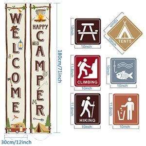 Camping Themed Party Decorations Set, Big Size Laminated Camping Sign Cutouts, Camping Party Banner Welcome Porch Sign for Camping Themed Birthday Baby Shower Decorations