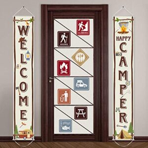 Camping Themed Party Decorations Set, Big Size Laminated Camping Sign Cutouts, Camping Party Banner Welcome Porch Sign for Camping Themed Birthday Baby Shower Decorations