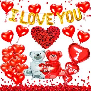 valentines day balloons decorations kit – teddy bear foil balloons| 20pcs mylar red heart shaped balloons | i love you balloons & red balloons| 500pcs artificial fake rose petals for valentines day