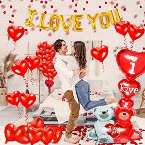 Valentines Day Balloons Decorations Kit - Teddy Bear Foil Balloons| 20Pcs Mylar Red Heart Shaped Balloons | I LOVE YOU Balloons & Red Balloons| 500Pcs Artificial Fake Rose Petals for Valentines Day