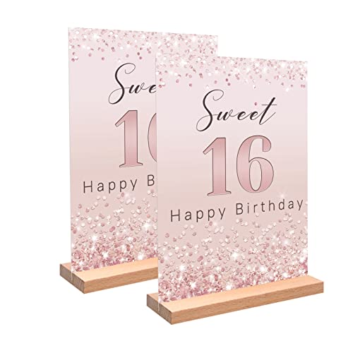 Vlipoeasn Sweet 16 Birthday Table Decoration for Girls, Rose Gold Glitter 16th Happy Birthday Poster, Sweet 16 Acrylic Table Sign with Wooden Stand, 16 Years Old Birthday Centerpieces