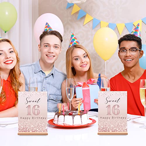 Vlipoeasn Sweet 16 Birthday Table Decoration for Girls, Rose Gold Glitter 16th Happy Birthday Poster, Sweet 16 Acrylic Table Sign with Wooden Stand, 16 Years Old Birthday Centerpieces