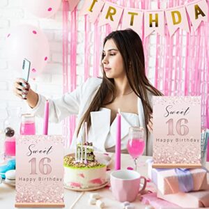 Vlipoeasn Sweet 16 Birthday Table Decoration for Girls, Rose Gold Glitter 16th Happy Birthday Poster, Sweet 16 Acrylic Table Sign with Wooden Stand, 16 Years Old Birthday Centerpieces