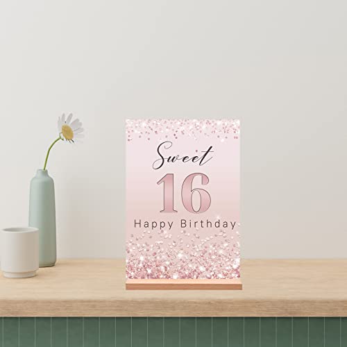 Vlipoeasn Sweet 16 Birthday Table Decoration for Girls, Rose Gold Glitter 16th Happy Birthday Poster, Sweet 16 Acrylic Table Sign with Wooden Stand, 16 Years Old Birthday Centerpieces