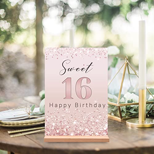 Vlipoeasn Sweet 16 Birthday Table Decoration for Girls, Rose Gold Glitter 16th Happy Birthday Poster, Sweet 16 Acrylic Table Sign with Wooden Stand, 16 Years Old Birthday Centerpieces