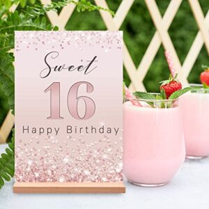 Vlipoeasn Sweet 16 Birthday Table Decoration for Girls, Rose Gold Glitter 16th Happy Birthday Poster, Sweet 16 Acrylic Table Sign with Wooden Stand, 16 Years Old Birthday Centerpieces