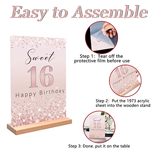 Vlipoeasn Sweet 16 Birthday Table Decoration for Girls, Rose Gold Glitter 16th Happy Birthday Poster, Sweet 16 Acrylic Table Sign with Wooden Stand, 16 Years Old Birthday Centerpieces