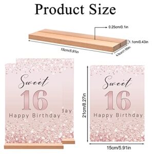 Vlipoeasn Sweet 16 Birthday Table Decoration for Girls, Rose Gold Glitter 16th Happy Birthday Poster, Sweet 16 Acrylic Table Sign with Wooden Stand, 16 Years Old Birthday Centerpieces